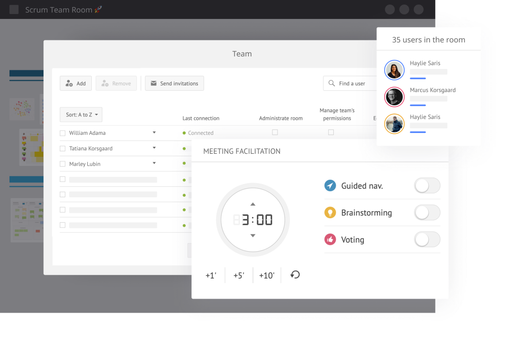 Screenshot aus iObeya, der die Funktionen „Geleitetes Meeting“, Brainstorming-Session und Abstimmung zeigt, mit denen virtuelle Teammeetings durchgeführt werden können