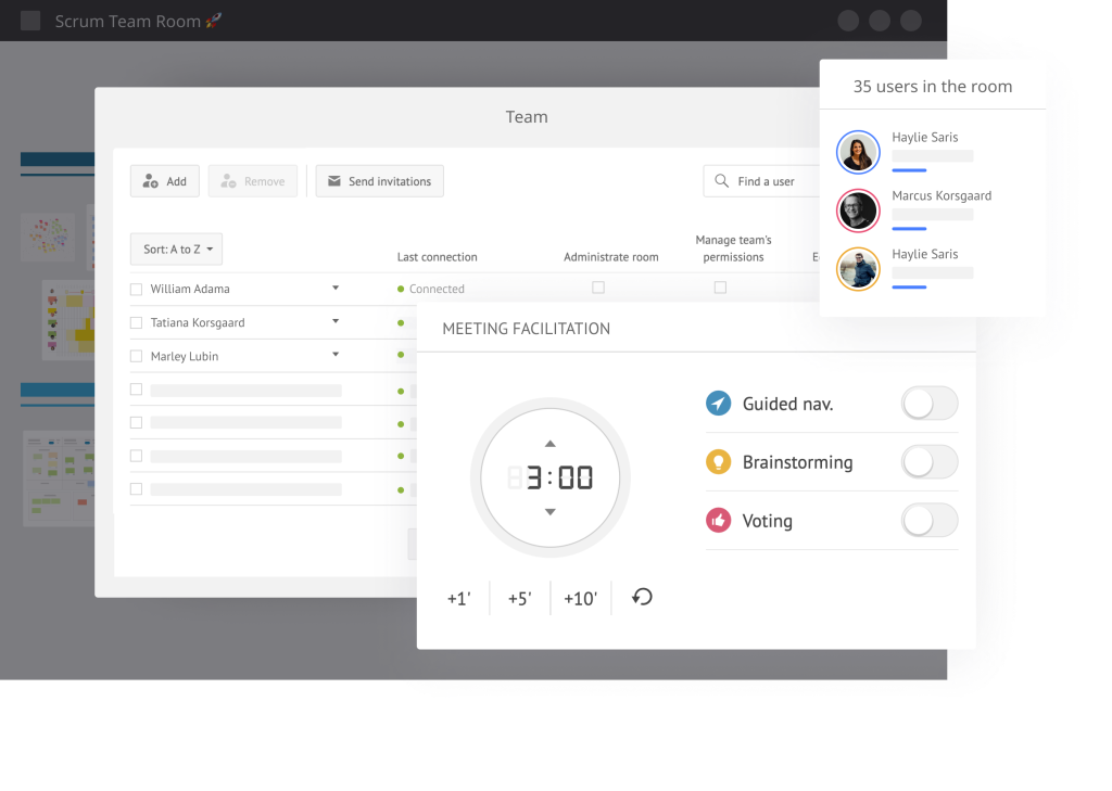 Screenshot of iObeya showcasing the guided navigation, brainstorming and voting features to facilitate collaborative virtual meetings among teams.