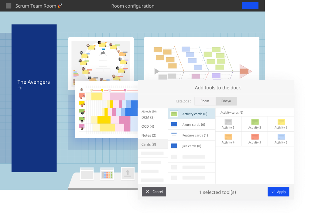 iObeya tools such as ishikawa board, planning board, and Jira cards and Azure DevOps cards from bidirectional integration