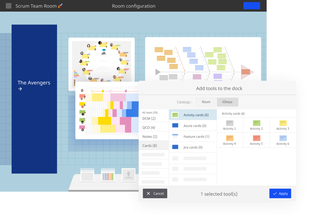 iObeya-Tools wie das Ishikawa-Board, das Planungsboard sowie Jira- und Azure DevOps-Karten für bidirektionale Integrationen.