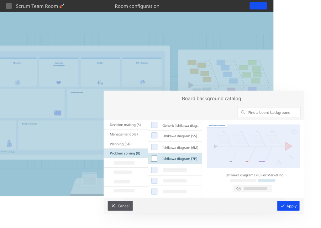 Screenshot of the board background catalog in iObeya allowing user to create template-ready board.