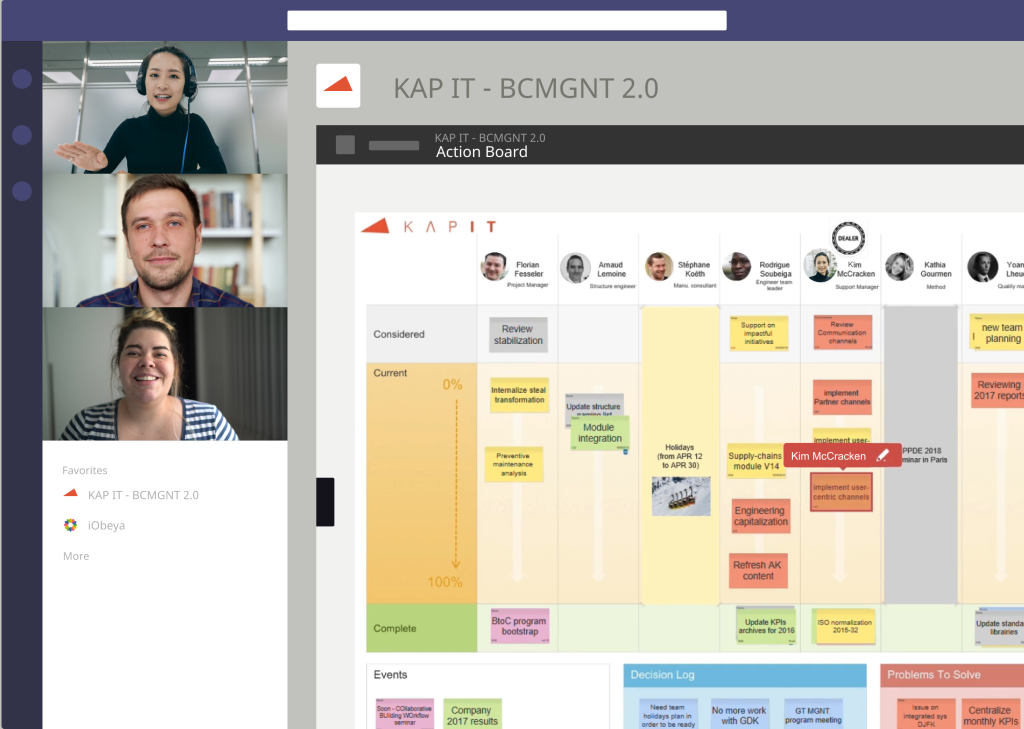 Présentation de l'intégration de Microsoft Teams et de la façon dont les équipes multi-sites peuvent collaborer ensemble avec l'outil iObeya lors de réunions virtuelles.