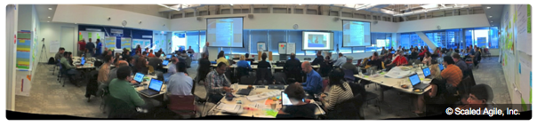 Scaled Agile photo of a PI Planning Room with team members collaborating on visual boards.