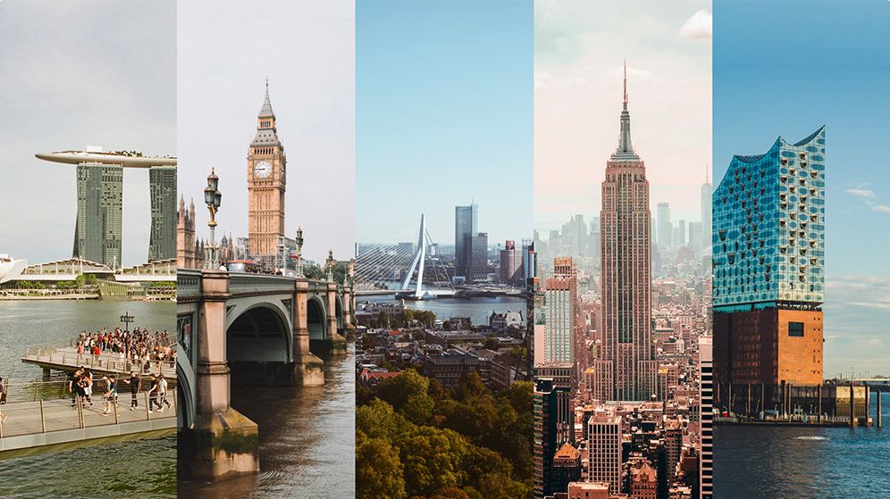 Five New Offices: Spliced images of Singapore, New York, London, Hamburg, and Rotterdam