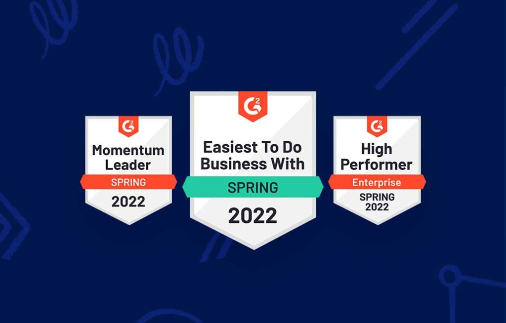 Printemps 2022 - badges G2 iObeya, dont ceux de "bon partenaire business", "très performant" et "leader dynamique".