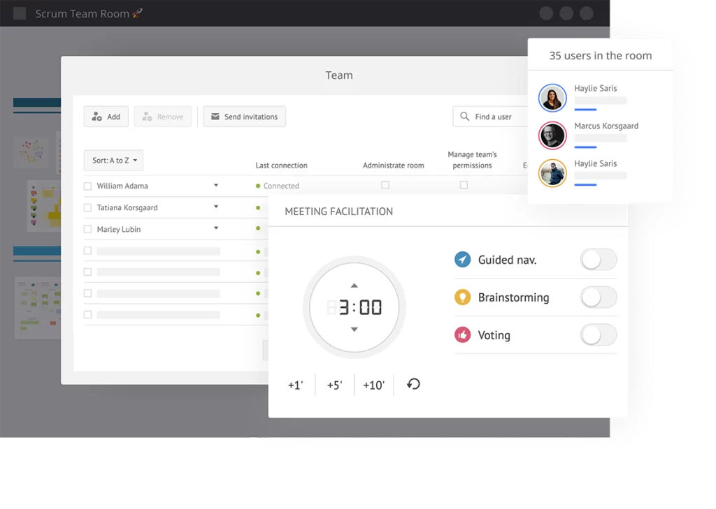 Screenshot of iObeya showcasing the guided navigation, brainstorming and voting features to facilitate collaborative virtual meetings among teams.
