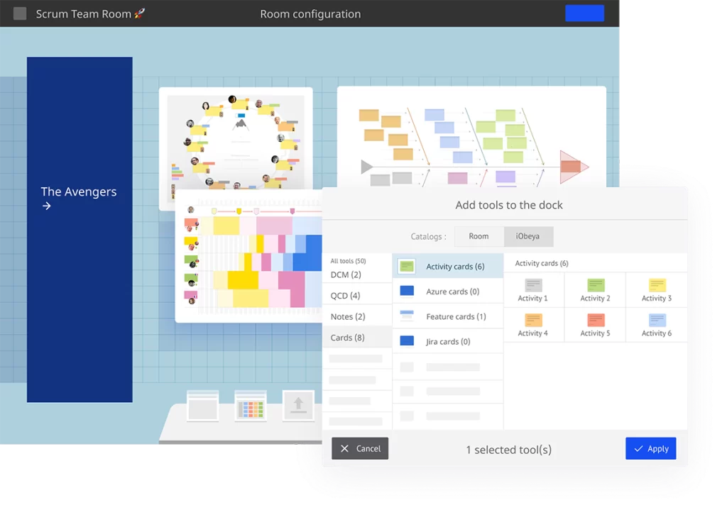 Des exemples de fonctionnalités disponibles sur iObeya telles que le panneau ishikawa, le panneau de planification ou encore les tickets Jira et Azure DevOps provenant de l'intégration bidirectionnelle