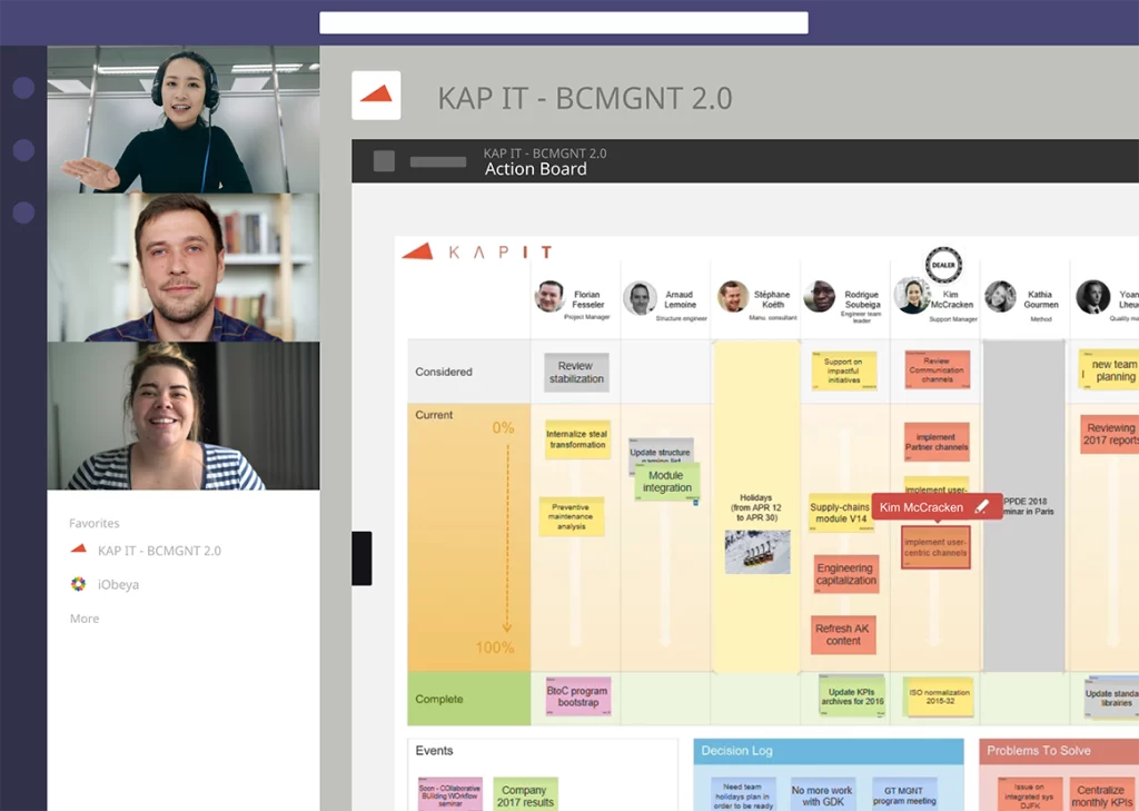 Screenshot, der die Microsoft-Teams-Integration zeigt und wie Remote-Teams in virtuellen Meetings zusammen in iObeya arbeiten