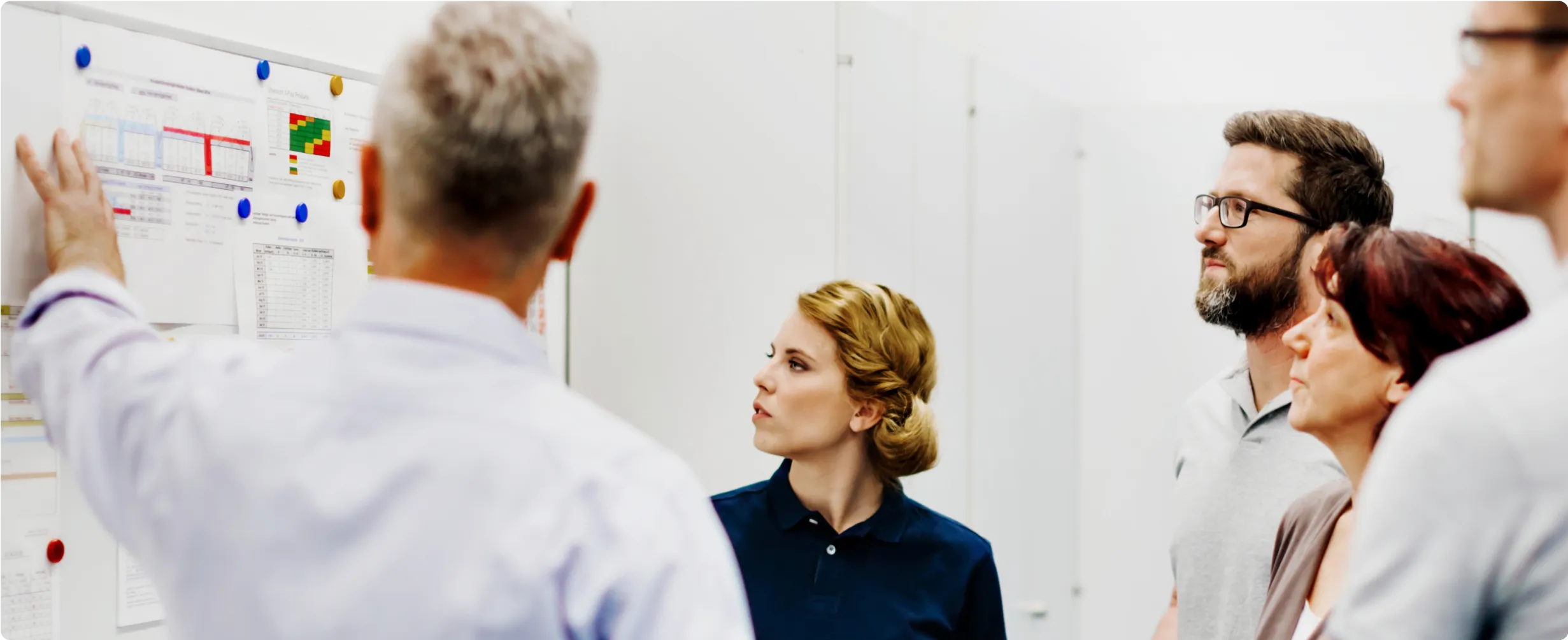 Photo d’une équipe travaillant sur un tableau blanc avant le Système de Management Visuel