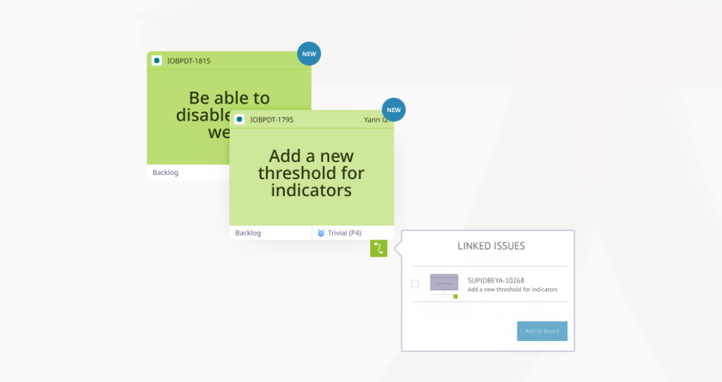 Sticky notes on a digital board from Jira in iObeya showing the ability to link each note to other notes for digital visual management.