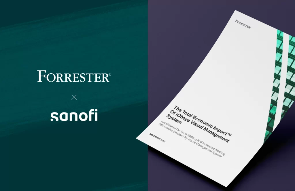 The cover of the downloadable Forrester Total Economic Impact Study exploring how Sanofi deployed iObeya’s Visual Management System