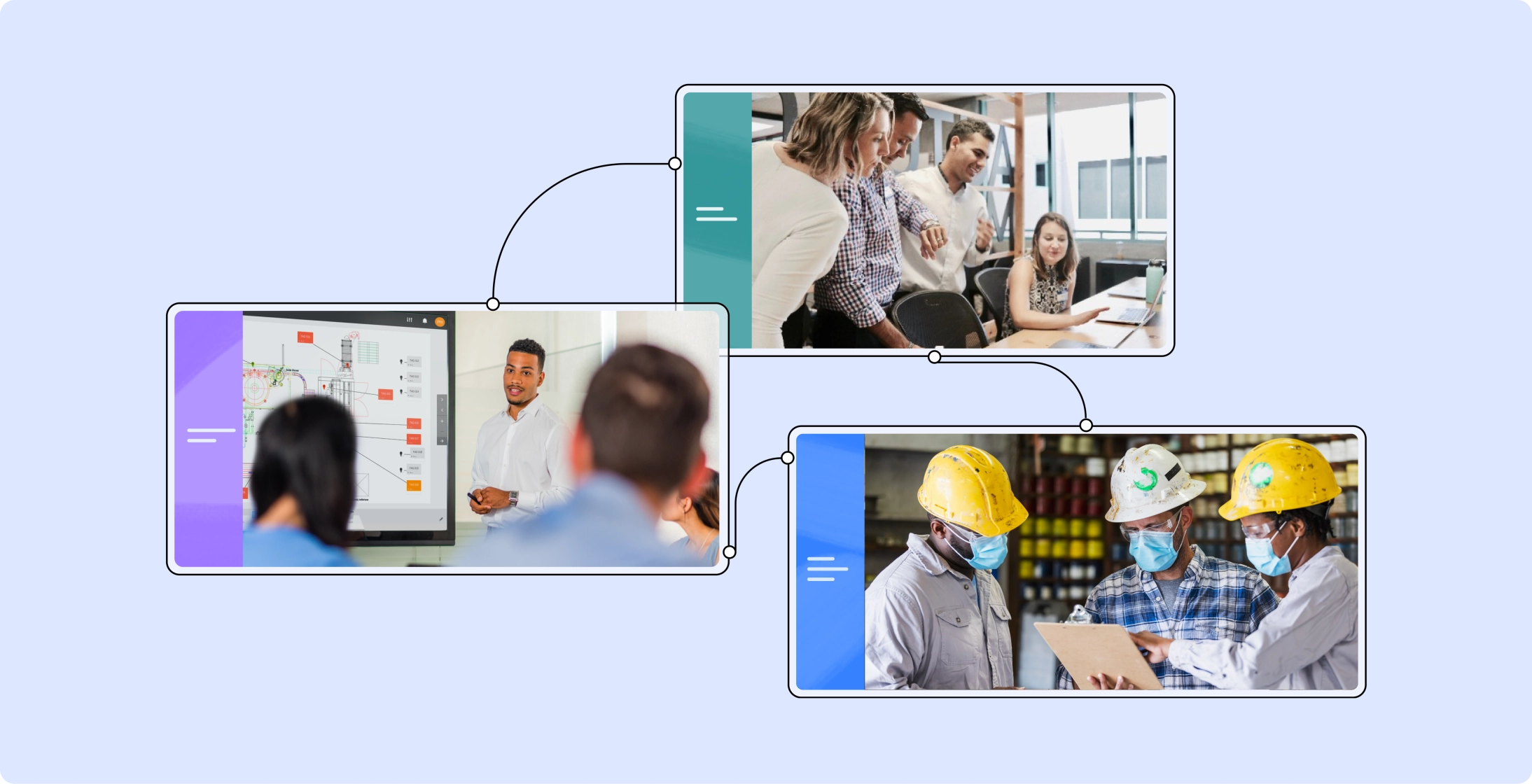 Image showing the interconnectedness of various organizational layers, from leaders in a board room to employees on the shop floor, when embaking on the gemba walk process for continuous improvement.