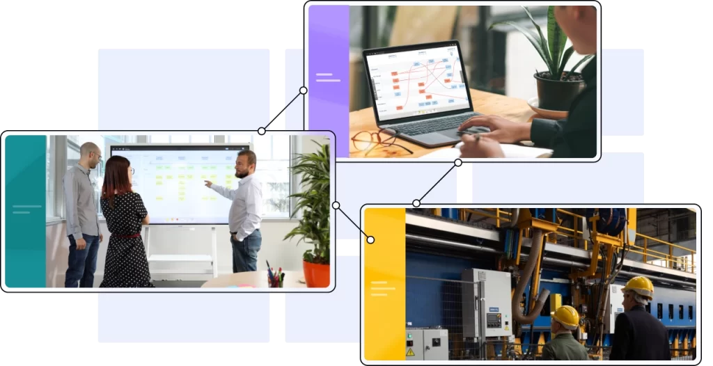 Illustration triptyque : Travail à distance, stratégie d'équipe et production en usine - Obtenez la connectivité de votre entreprise avec le réseau Obeya.