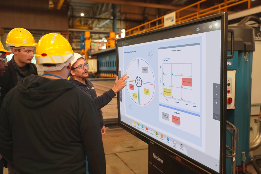 Equipe Lean devant un panneau iObeya PDCA résolvant des problèmes - système opérationnel 4.0