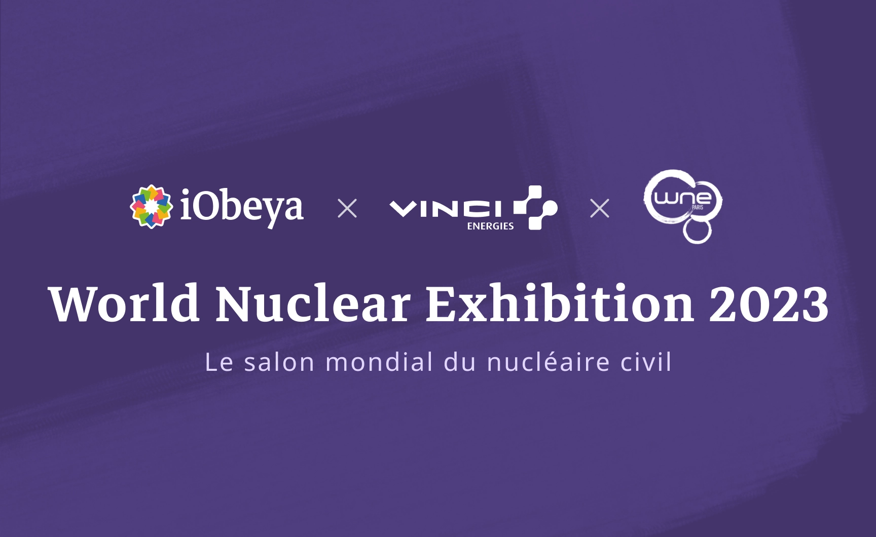 Logos de iObeya et Vinci Energie, symbolisant leur collaboration, accompagnés du logo de la World Nuclear Exhibition, représentant leur participation commune à cet événement majeur du secteur énergétique.