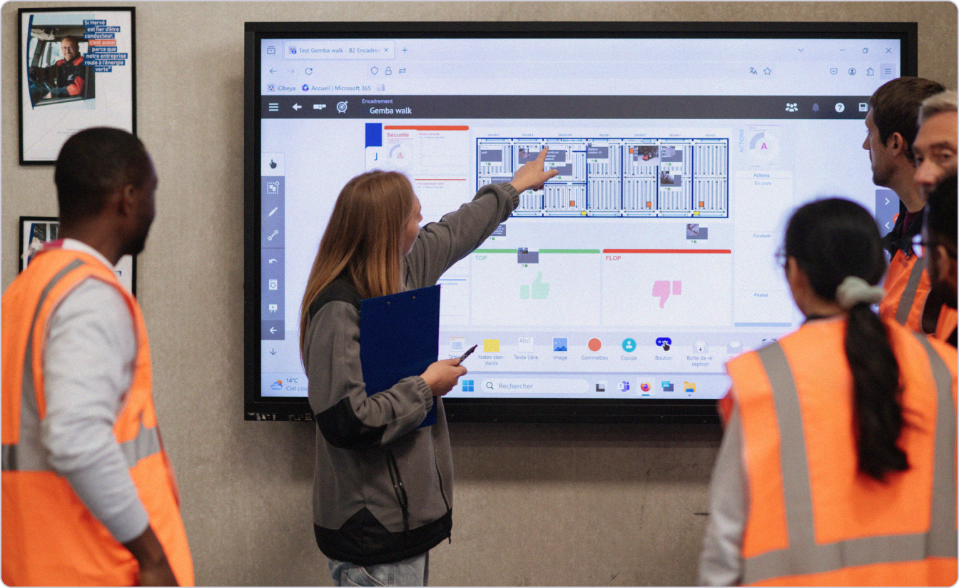 Employees at a Lean Manufacturing site using a digital iObeya board for their Lean Factory Operating System.
