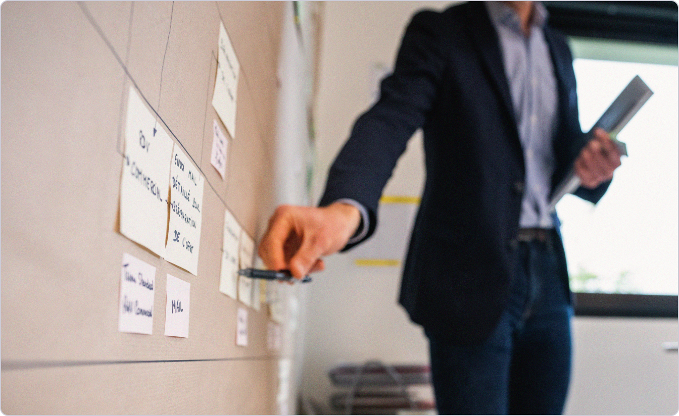 Traditional Lean Factory Operating System with traditional sticky notes manually updated on a physical wall chart.