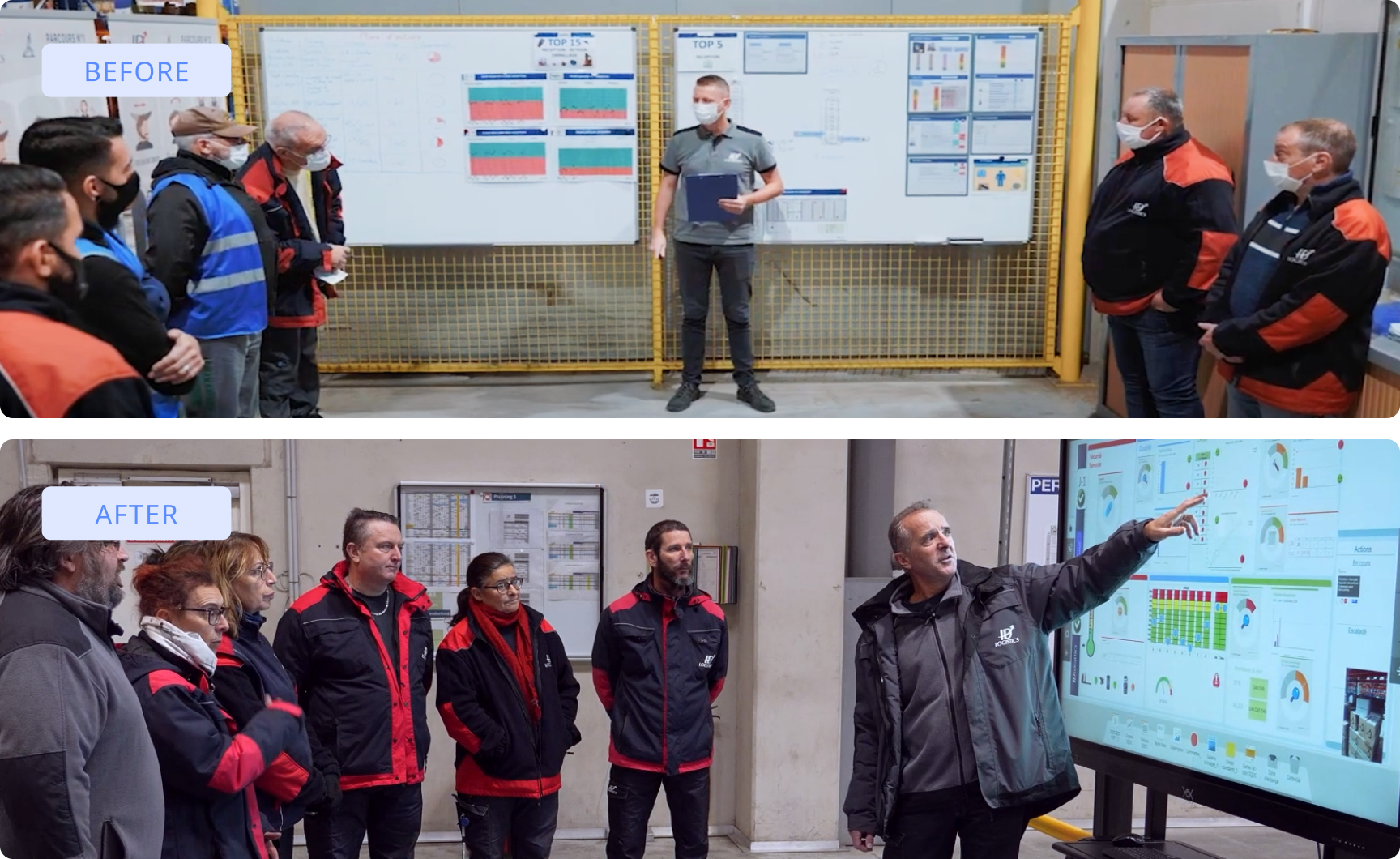 Comparison between an SIMmeeting with a paper board (before) and a digitalized meeting with iObeya (after) at ID Logistics