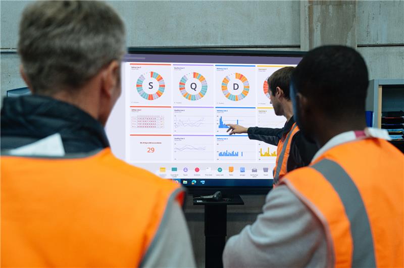 Team gathered around a digital board during a short interval animation (SIM)