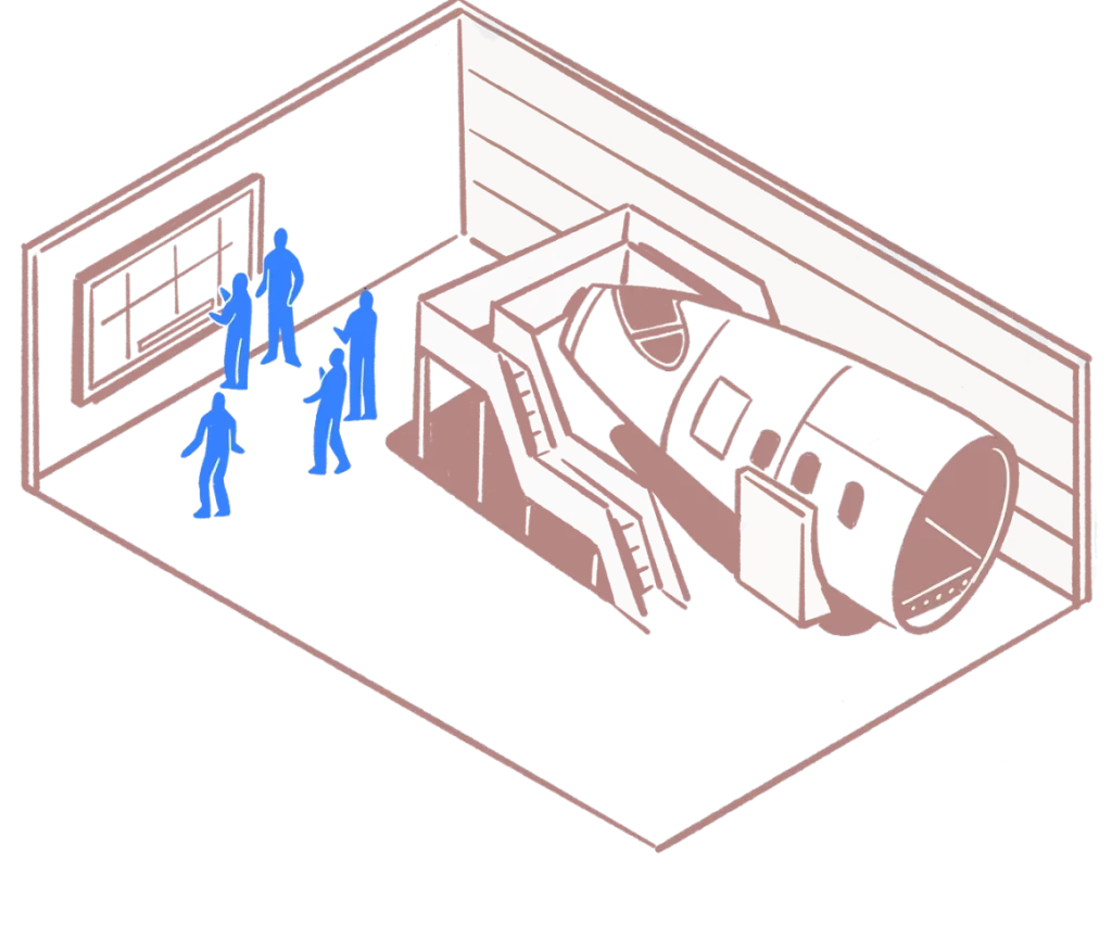 Illustration of an Obeya room connecting strategy and performance in an industrial environment, symbolizing collaboration and turning objectives into tangible results.