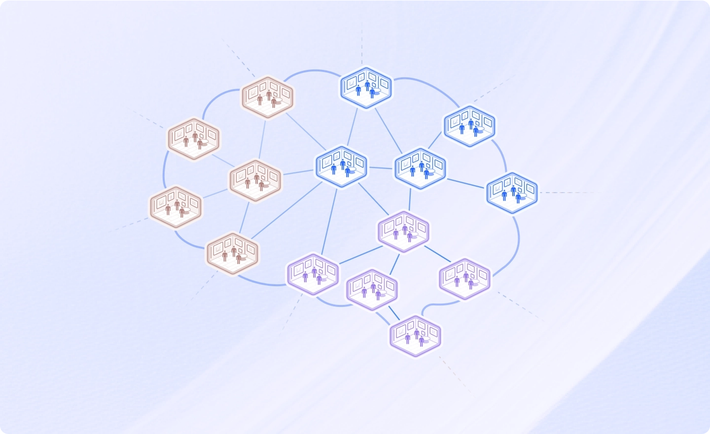 Diagram of interconnected digital Obeya rooms arranged to suggest an organizational brain. Each room, shown as a hexagonal icon with people and wall boards, is positioned like neurons, and together they illustrate a collective decision-making system.