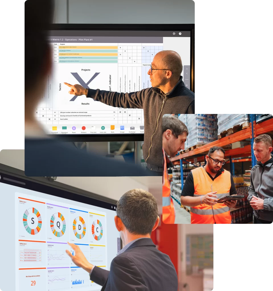 Business strategy presentation on a screen and team discussion inside a logistics warehouse.