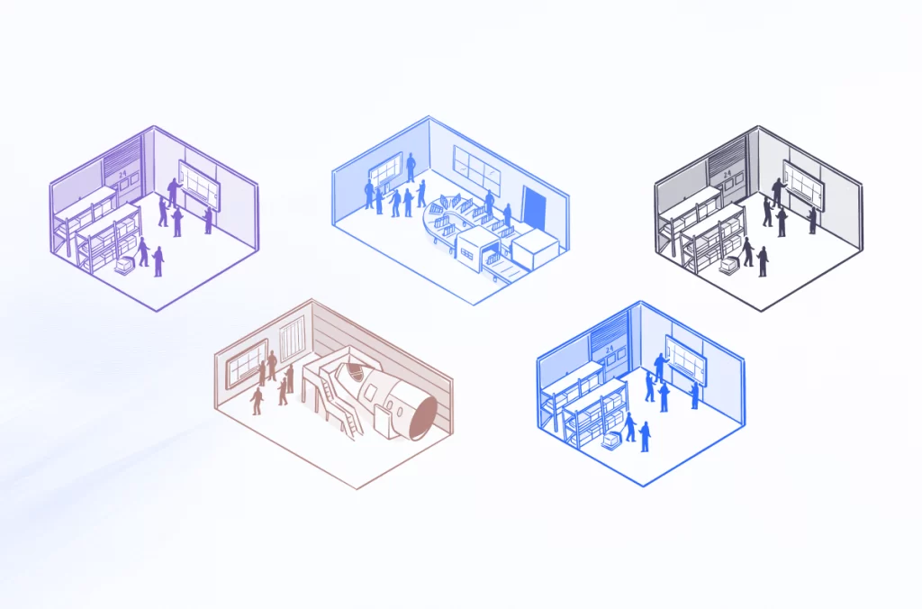 Isometric illustration of five production sites in different colours (three warehouses, a conveyor line and an aircraft fuselage assembly), each with a team gathered around a digital board