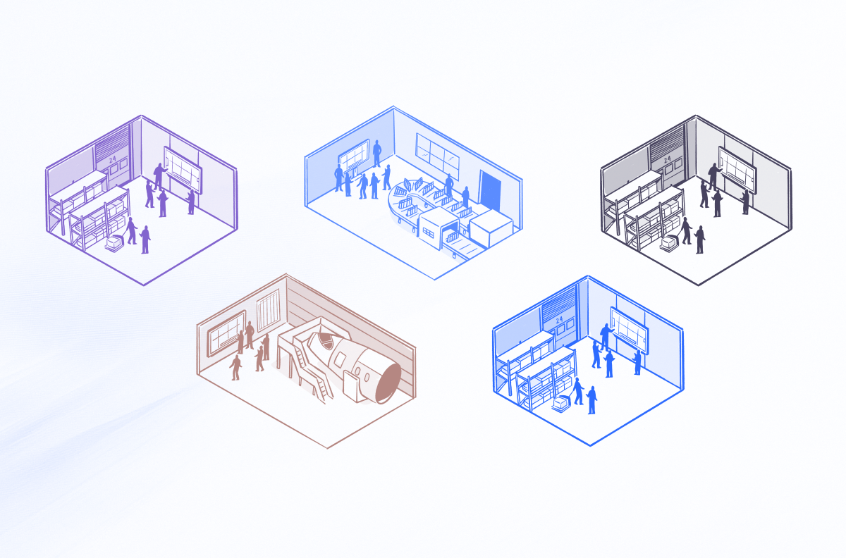 Isometric illustration of five production sites in different colours (three warehouses, a conveyor line and an aircraft fuselage assembly), each with a team gathered around a digital board